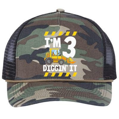 Im 3 And Digging It Funny 3rd Birthday Excavator Kids Retro Rope Trucker Hat Cap