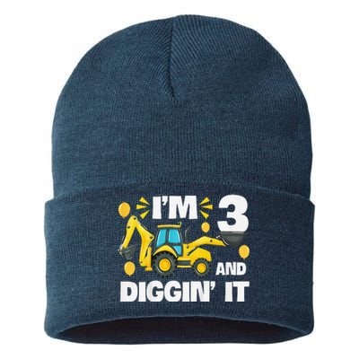 IM 3 And Digging It Construction Excavator 3rd Birthday Sustainable Knit Beanie