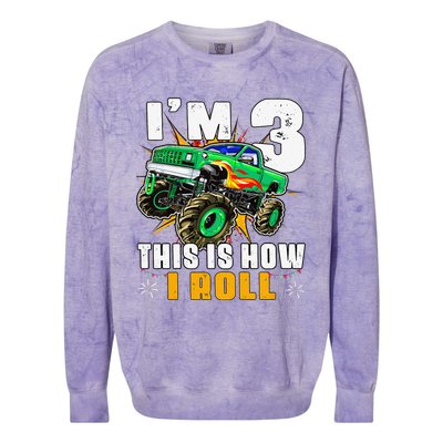 I'm 3 This is how I roll Monster Truck 3rd Birthday Colorblast Crewneck Sweatshirt