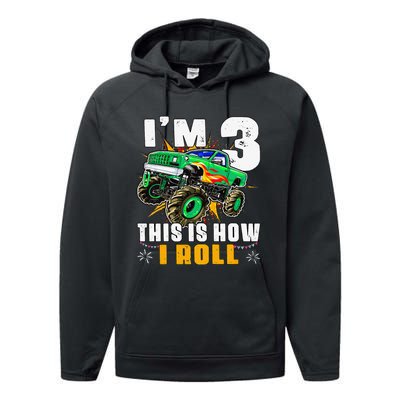 I'm 3 This is how I roll Monster Truck 3rd Birthday Performance Fleece Hoodie