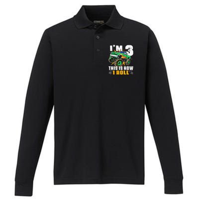 I'm 3 This is how I roll Monster Truck 3rd Birthday Performance Long Sleeve Polo