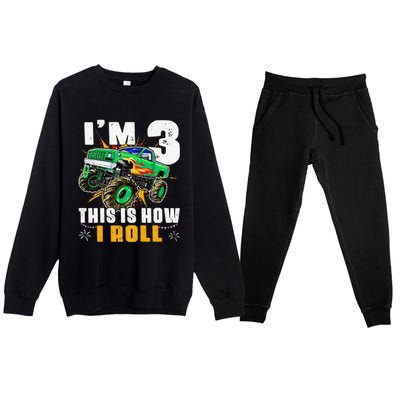 I'm 3 This is how I roll Monster Truck 3rd Birthday Premium Crewneck Sweatsuit Set