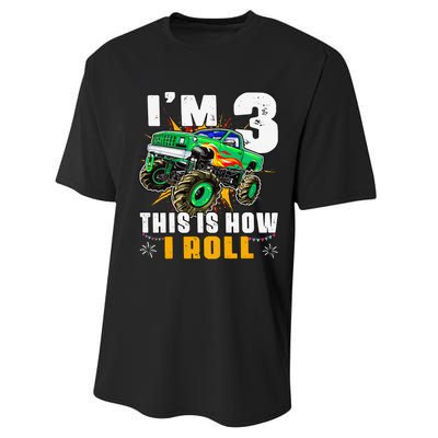 I'm 3 This is how I roll Monster Truck 3rd Birthday Performance Sprint T-Shirt