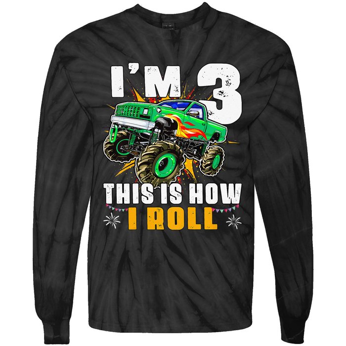 I'm 3 This is how I roll Monster Truck 3rd Birthday Tie-Dye Long Sleeve Shirt