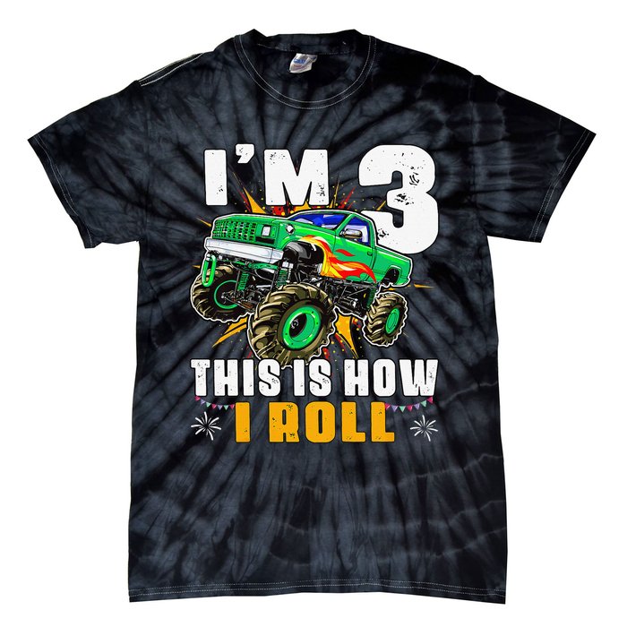 I'm 3 This is how I roll Monster Truck 3rd Birthday Tie-Dye T-Shirt