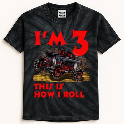 I'm 3 This Is How I Roll Monster Truck Kids Tie-Dye T-Shirt