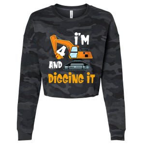  I'm 4 and digging it Excavator 4th Birthday Boy Gift I'm 4 Cropped Pullover Crew