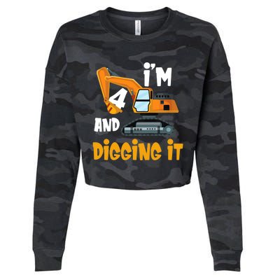  I'm 4 and digging it Excavator 4th Birthday Boy Gift I'm 4 Cropped Pullover Crew