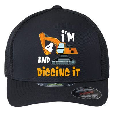  I'm 4 and digging it Excavator 4th Birthday Boy Gift I'm 4 Flexfit Unipanel Trucker Cap