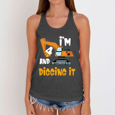  I'm 4 and digging it Excavator 4th Birthday Boy Gift I'm 4 Women's Knotted Racerback Tank