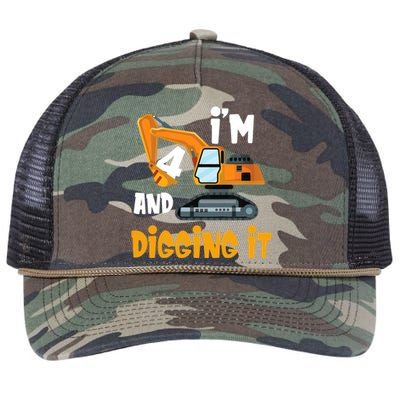  I'm 4 and digging it Excavator 4th Birthday Boy Gift I'm 4 Retro Rope Trucker Hat Cap