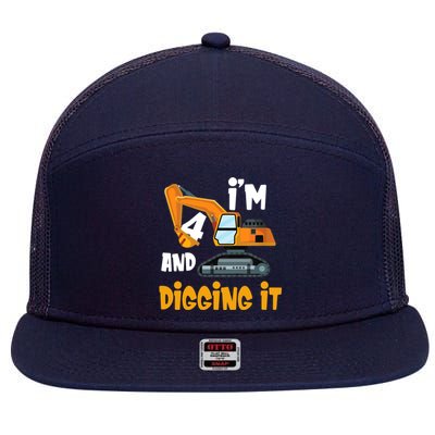  I'm 4 and digging it Excavator 4th Birthday Boy Gift I'm 4 7 Panel Mesh Trucker Snapback Hat