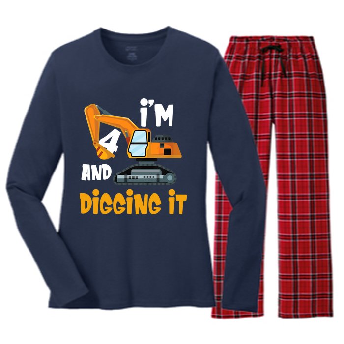  I'm 4 and digging it Excavator 4th Birthday Boy Gift I'm 4 Women's Long Sleeve Flannel Pajama Set 