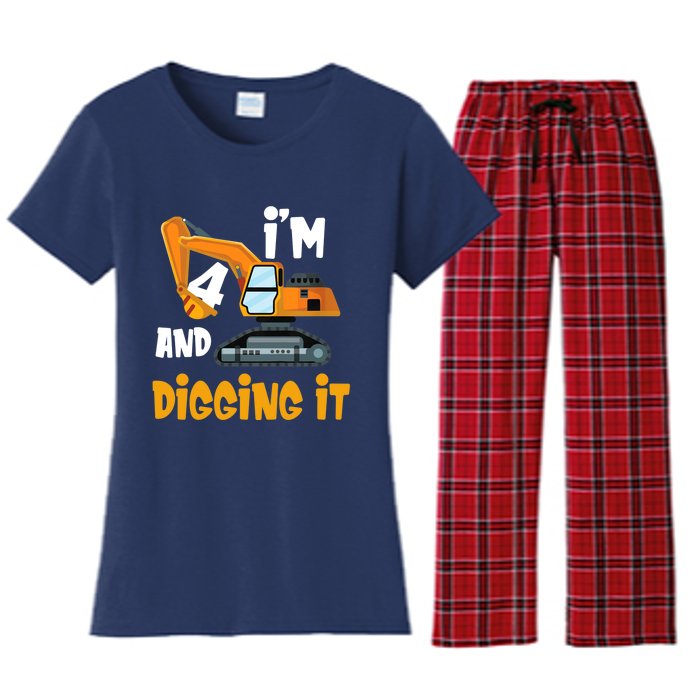  I'm 4 and digging it Excavator 4th Birthday Boy Gift I'm 4 Women's Flannel Pajama Set