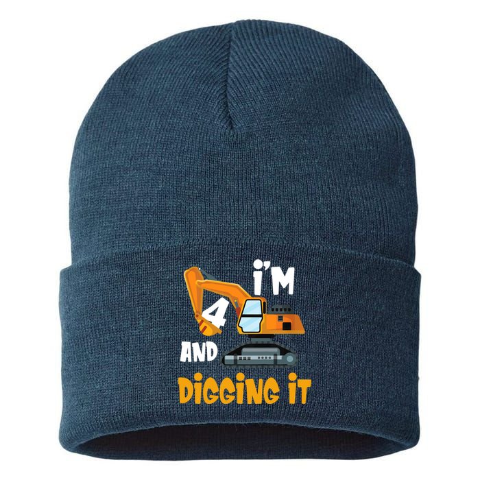  I'm 4 and digging it Excavator 4th Birthday Boy Gift I'm 4 Sustainable Knit Beanie