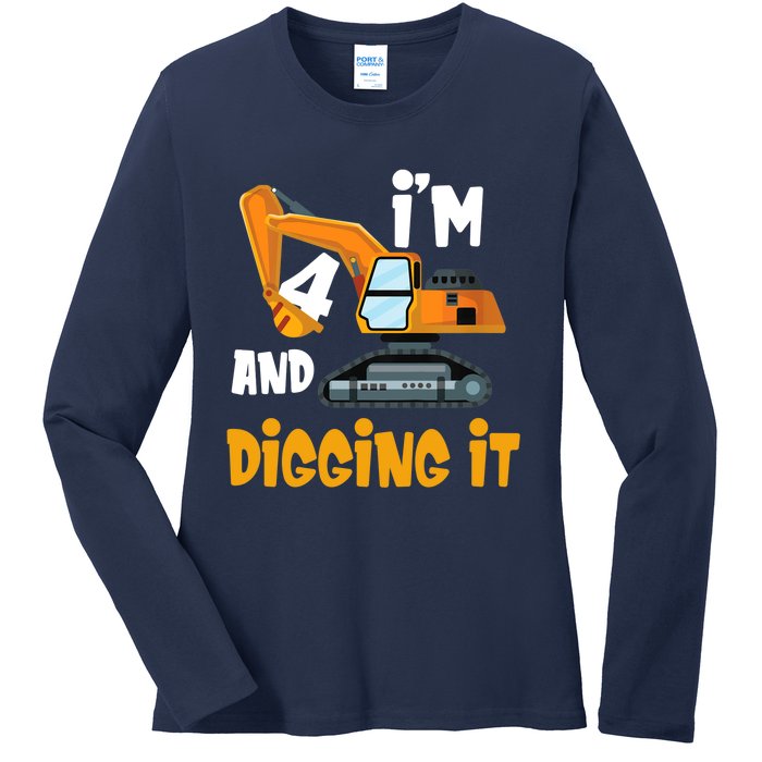  I'm 4 and digging it Excavator 4th Birthday Boy Gift I'm 4 Ladies Long Sleeve Shirt