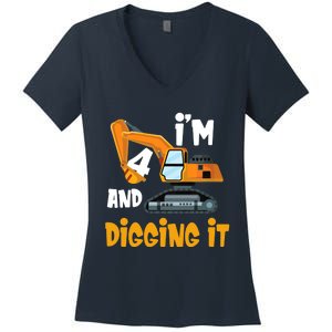  I'm 4 and digging it Excavator 4th Birthday Boy Gift I'm 4 Women's V-Neck T-Shirt