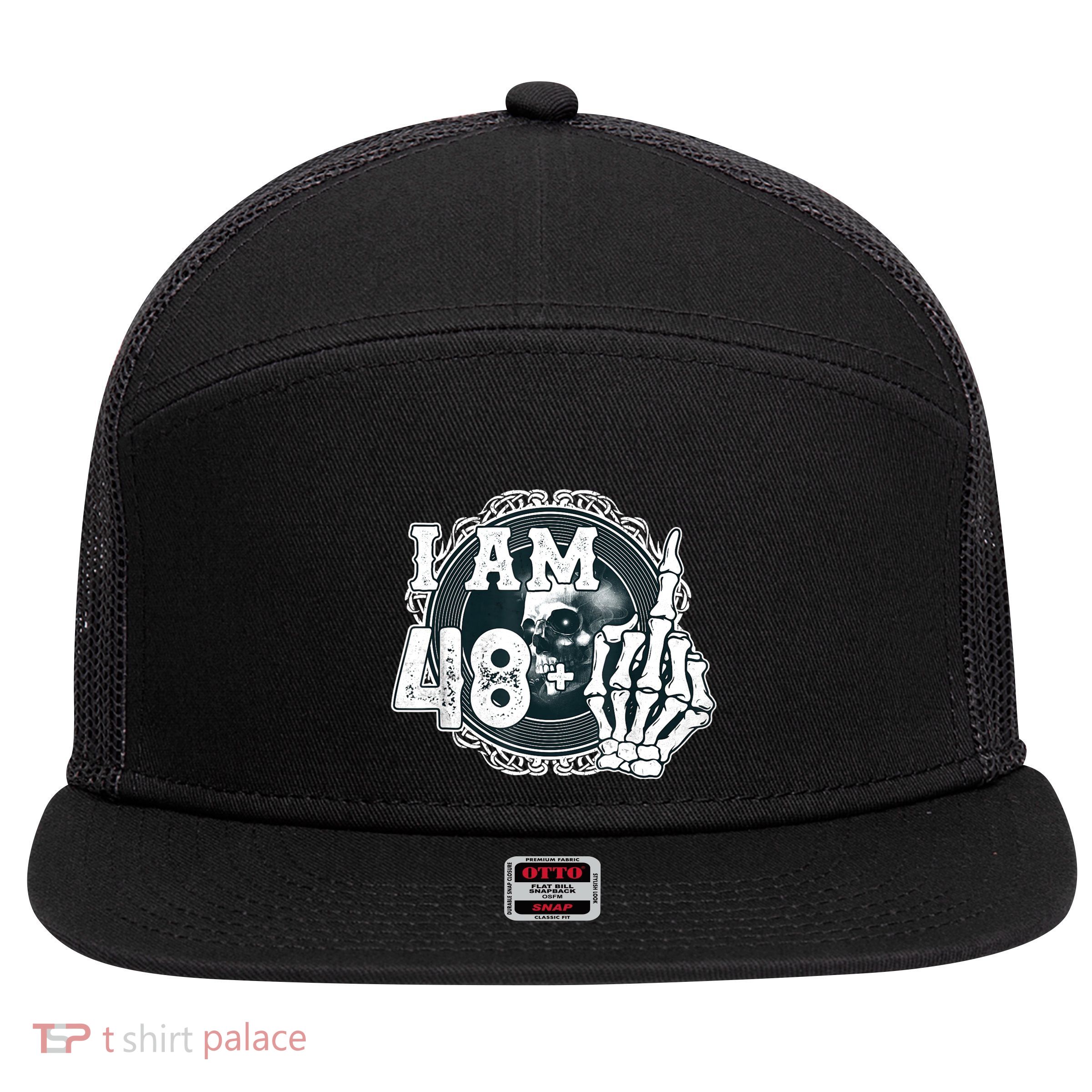 IM 48 Plus 1 Middle Finger Skull Funny 49th Birthday 7 Panel Mesh Trucker Snapback Hat
