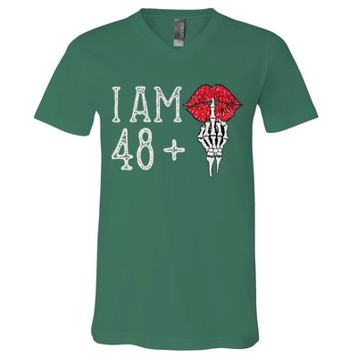 IM 48 Plus 1 Middle Finger Skull Funny 49th Birthday V-Neck T-Shirt