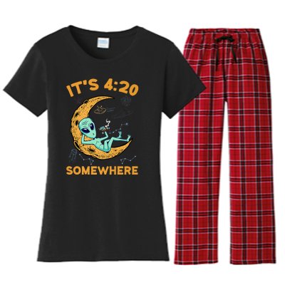 ItS 4:20 Somewhere Weed Moon Alien Marijuana Women's Flannel Pajama Set