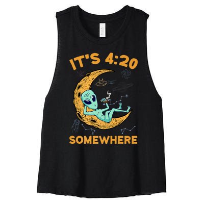 ItS 4:20 Somewhere Weed Moon Alien Marijuana Women's Racerback Cropped Tank