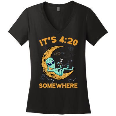 ItS 4:20 Somewhere Weed Moon Alien Marijuana Women's V-Neck T-Shirt