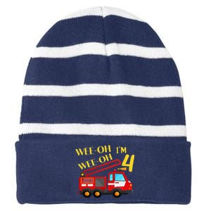 I'm 4 Years Old 4th Birthday Party WeeOh Alarm Fire Truck Striped Beanie with Solid Band