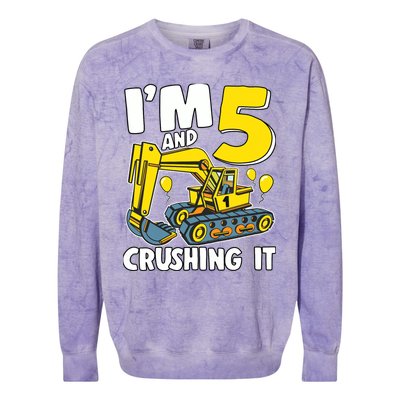 I'm 5 And Crushing It 5 Years Boy 5th Birthday Excavator Colorblast Crewneck Sweatshirt