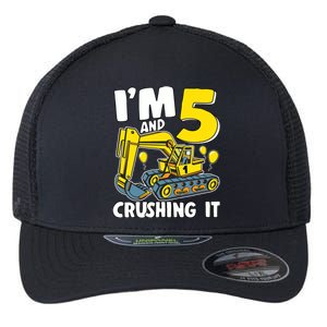 I'm 5 And Crushing It 5 Years Boy 5th Birthday Excavator Flexfit Unipanel Trucker Cap