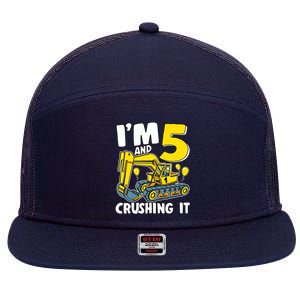 I'm 5 And Crushing It 5 Years Boy 5th Birthday Excavator 7 Panel Mesh Trucker Snapback Hat