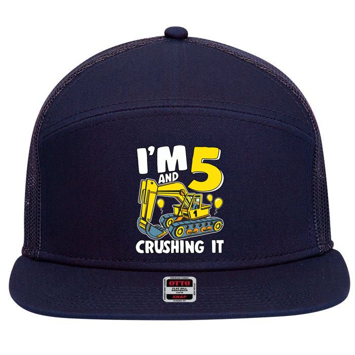 I'm 5 And Crushing It 5 Years Boy 5th Birthday Excavator 7 Panel Mesh Trucker Snapback Hat