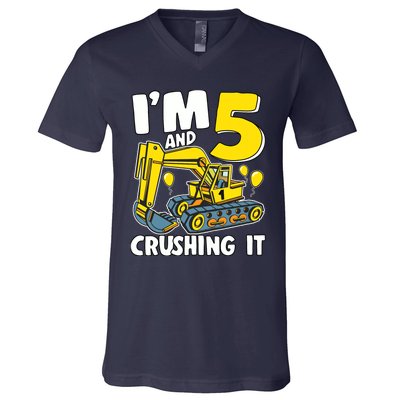 I'm 5 And Crushing It 5 Years Boy 5th Birthday Excavator V-Neck T-Shirt