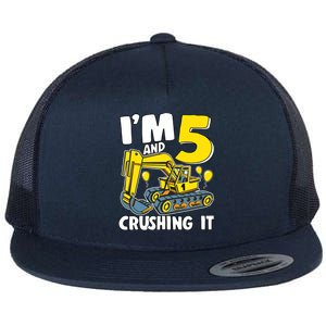 I'm 5 And Crushing It 5 Years Boy 5th Birthday Excavator Flat Bill Trucker Hat