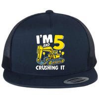 I'm 5 And Crushing It 5 Years Boy 5th Birthday Excavator Flat Bill Trucker Hat