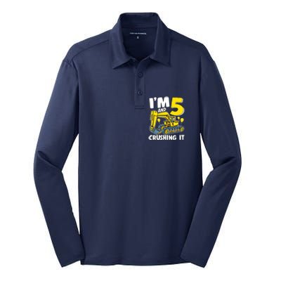 I'm 5 And Crushing It 5 Years Boy 5th Birthday Excavator Silk Touch Performance Long Sleeve Polo