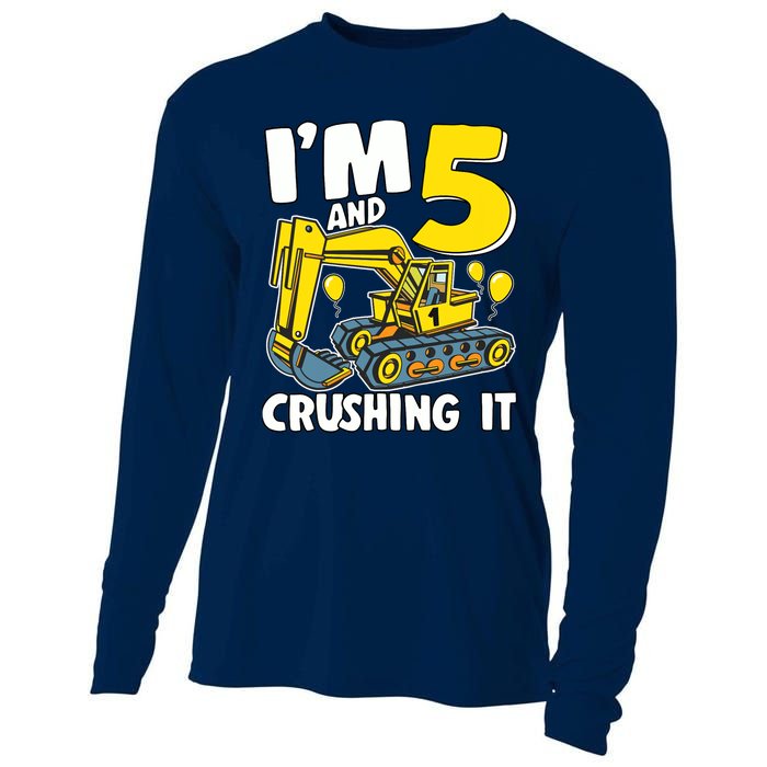 I'm 5 And Crushing It 5 Years Boy 5th Birthday Excavator Cooling Performance Long Sleeve Crew