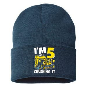 I'm 5 And Crushing It 5 Years Boy 5th Birthday Excavator Sustainable Knit Beanie