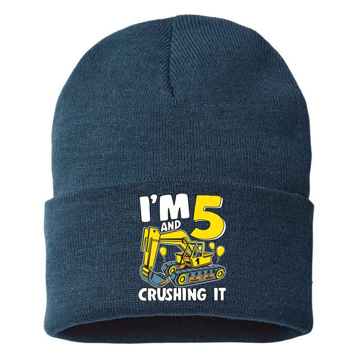 I'm 5 And Crushing It 5 Years Boy 5th Birthday Excavator Sustainable Knit Beanie