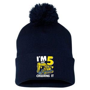 I'm 5 And Crushing It 5 Years Boy 5th Birthday Excavator Pom Pom 12in Knit Beanie