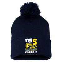 I'm 5 And Crushing It 5 Years Boy 5th Birthday Excavator Pom Pom 12in Knit Beanie