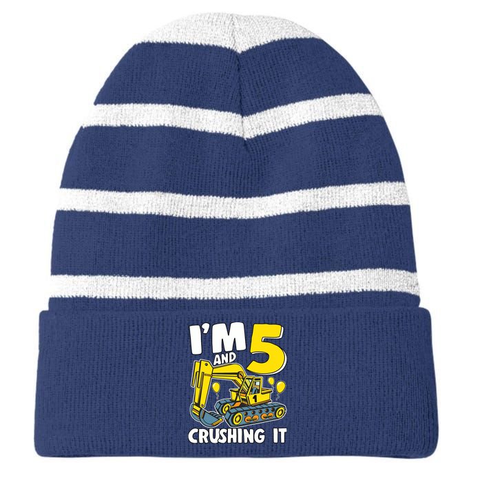 I'm 5 And Crushing It 5 Years Boy 5th Birthday Excavator Striped Beanie with Solid Band