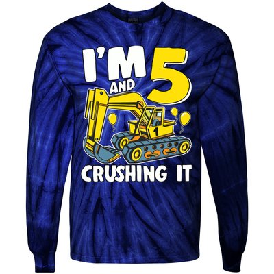 I'm 5 And Crushing It 5 Years Boy 5th Birthday Excavator Tie-Dye Long Sleeve Shirt