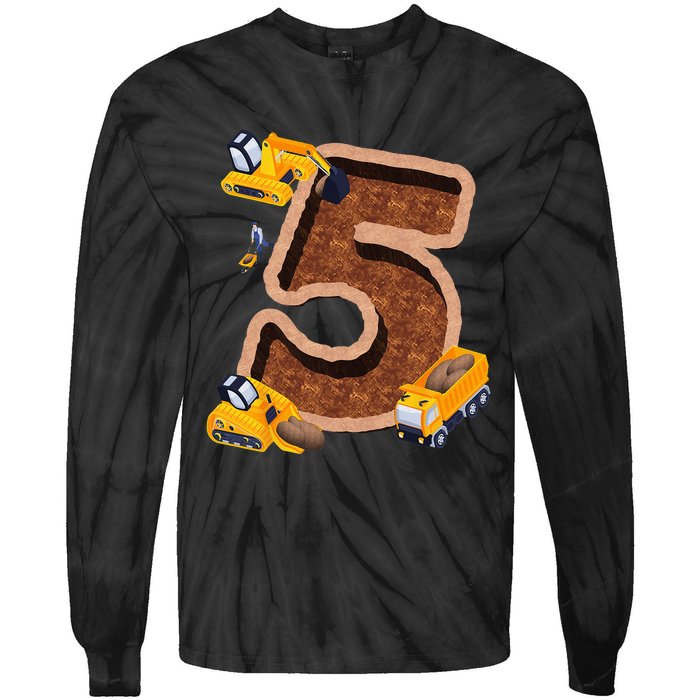 Im 5 and Digging It Dirty 5th -Y Excavator 5th Birthday Tie-Dye Long Sleeve Shirt