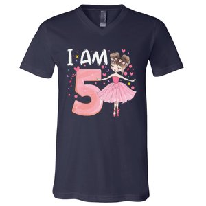 IAm 5 Fifth Birthday Party Dancing Pink Ballerina V-Neck T-Shirt