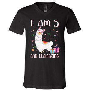 I'm 5 Llamazing Alpaca Llama Happy 5th Birthday V-Neck T-Shirt