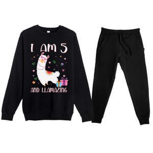 I'm 5 Llamazing Alpaca Llama Happy 5th Birthday Premium Crewneck Sweatsuit Set