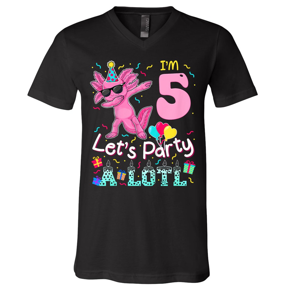 I'm 5 Let's Party A Lotl 5th Birthday Cute Axolotl Lovers V-Neck T-Shirt