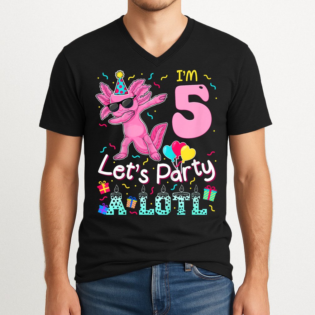 I'm 5 Let's Party A Lotl 5th Birthday Cute Axolotl Lovers V-Neck T-Shirt