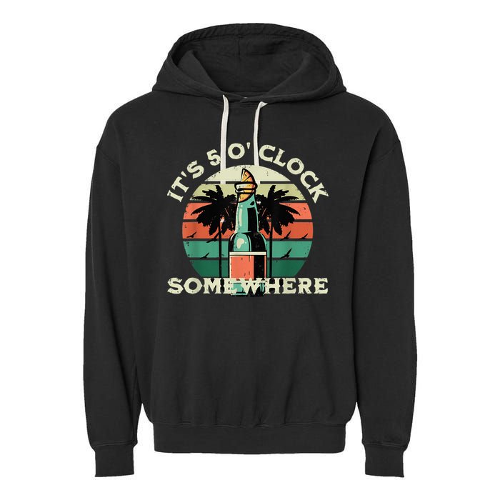 It's 5 O’clock Somewhere Summer Retro Sunset Drinking Garment-Dyed Fleece Hoodie