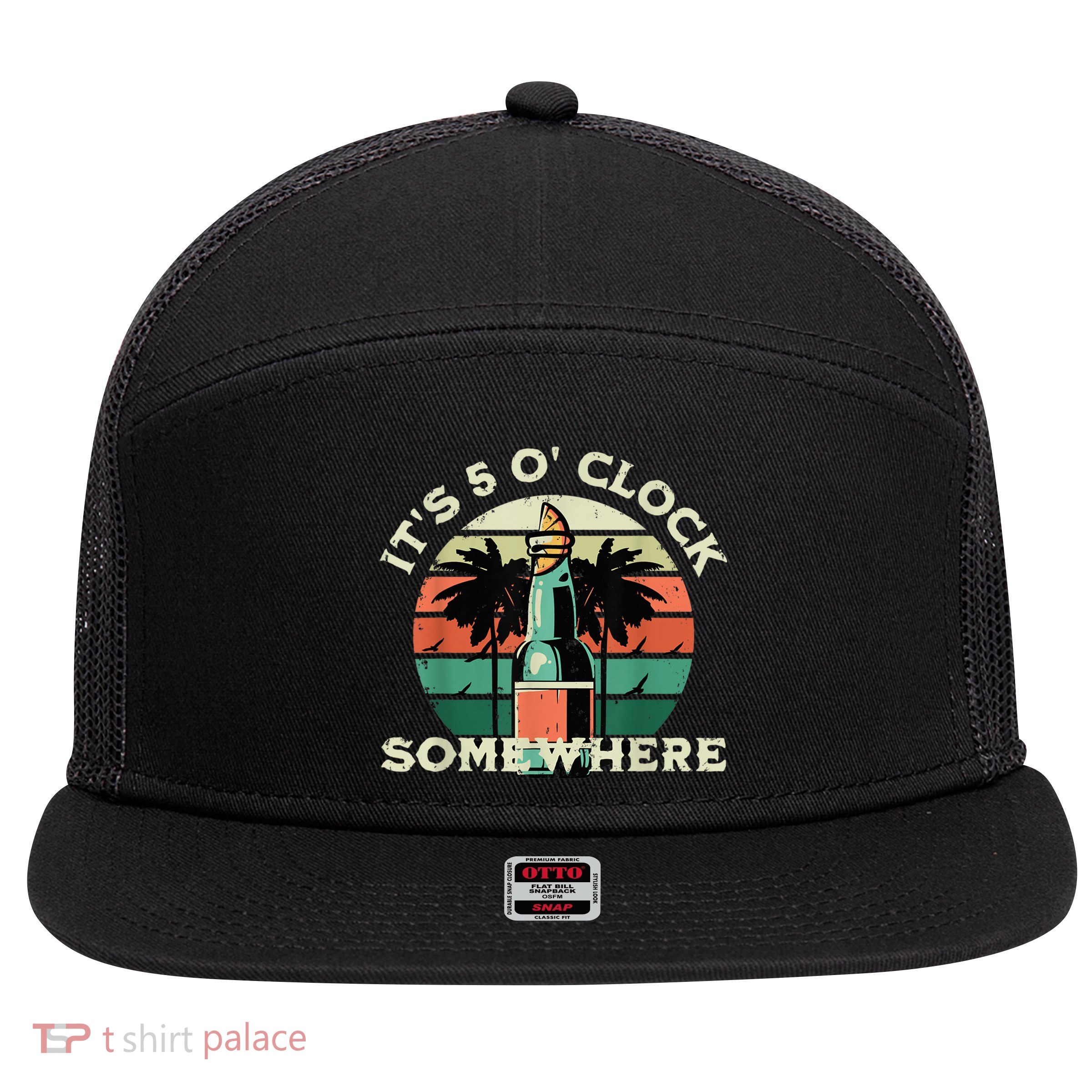 It's 5 O’clock Somewhere Summer Retro Sunset Drinking 7 Panel Mesh Trucker Snapback Hat
